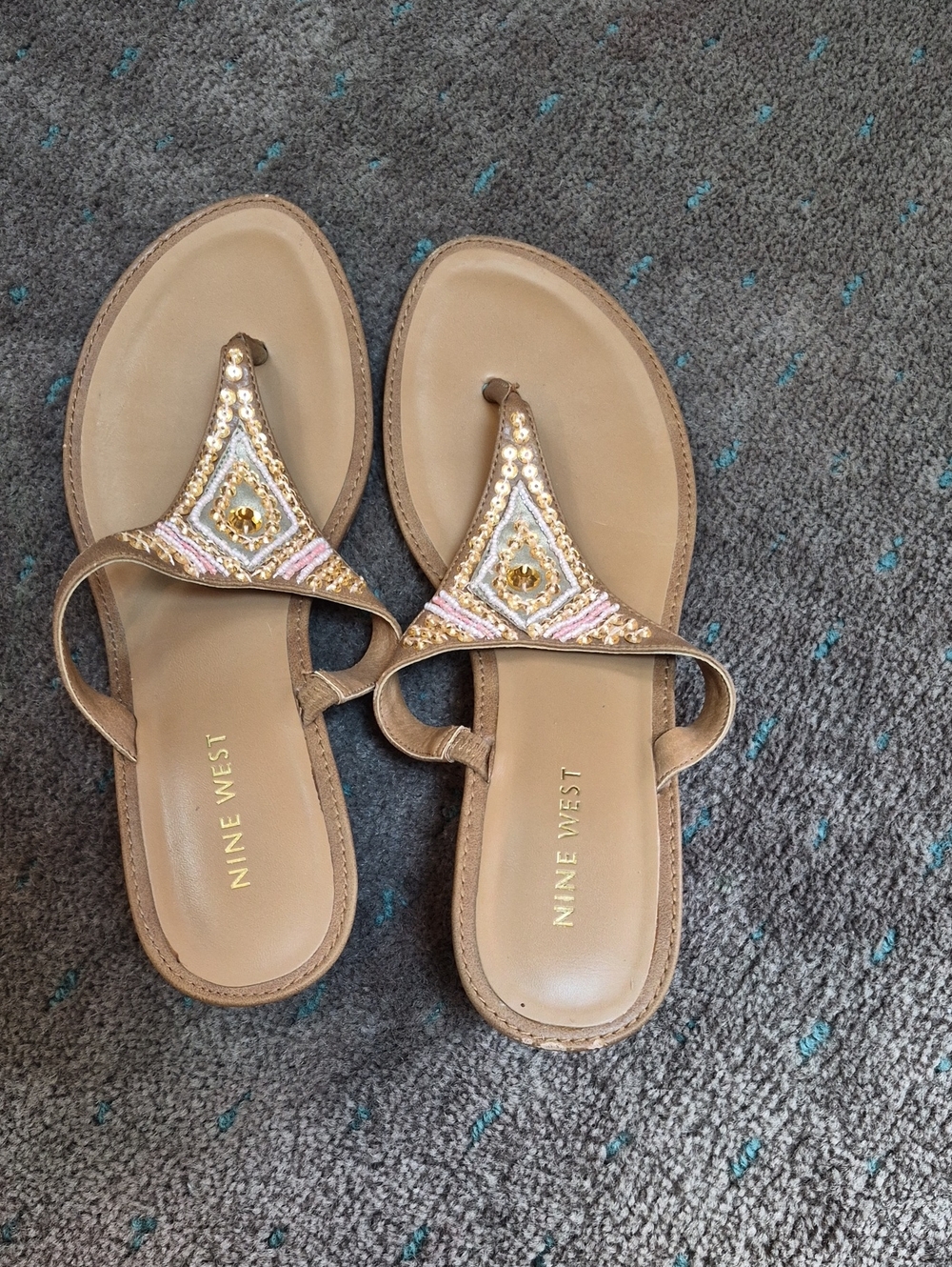 Nine West Tan Thong Sandals with Gold and Pink Bead Accents